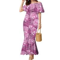 Hawaii Family Matching Mermaid Dress and Hawaiian Shirt Magenta Polynesian Monstera Patterns DT05 Mom's Dress Magenta - Polynesian Pride