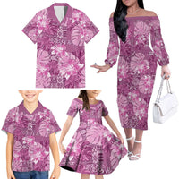 Hawaii Family Matching Off The Shoulder Long Sleeve Dress and Hawaiian Shirt Magenta Polynesian Monstera Patterns DT05 - Polynesian Pride