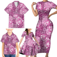 Hawaii Family Matching Short Sleeve Bodycon Dress and Hawaiian Shirt Magenta Polynesian Monstera Patterns DT05 - Polynesian Pride