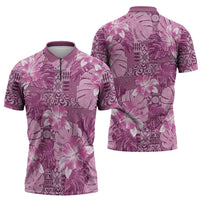 Hawaii Zipper Polo Shirt Magenta Polynesian Monstera Patterns - Polynesian Pride