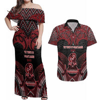 Personalised New Zealand Waitangi Day Couples Matching Off Shoulder Maxi Dress and Hawaiian Shirt Te Tiriti O Waitangi 1840 DT05 Black - Polynesian Pride