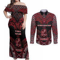 Personalised New Zealand Waitangi Day Couples Matching Off Shoulder Maxi Dress and Long Sleeve Button Shirt Te Tiriti O Waitangi 1840 DT05 Black - Polynesian Pride