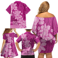 Samoa Women's Day Family Matching Off Shoulder Short Dress and Hawaiian Shirt Tiale Flower Mix Siapo Tapa - Fuchsia Ver LT7 - Polynesian Pride
