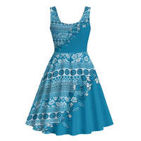 Fiji Marau na Kerisimasi Midi Dress Aqua Tagimoucia Tapa Masi Tribal LT9 - Polynesian Pride