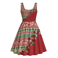 Fiji Marau na Kerisimasi Midi Dress Red Tagimoucia Tapa Masi Tribal LT9 - Polynesian Pride