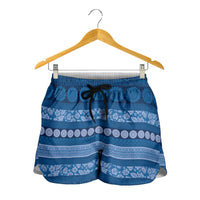 Fiji Marau na Kerisimasi Shorts for Women Blue Tapa Masi Inspired Christmas LT9 - Polynesian Pride