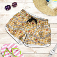 Gold Palaka Hawaii Mele Kalikimaka Shorts for Women Ohia Lehua Shell Leis Funny Gingerbread Santa LT14 Gold - Polynesian Pride