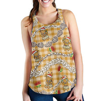 Gold Palaka Hawaii Mele Kalikimaka Women Racerback Tank Ohia Lehua Shell Leis Funny Gingerbread Santa LT14 - Polynesian Pride
