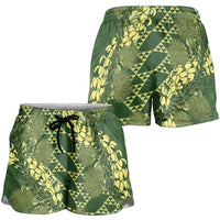 Green Aloha Hawaii Shorts for Women Hawaiian Kakau Ohia Lehua Lei LT14 - Polynesian Pride