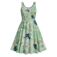 Green Palaka Crane and Flowers Midi Dress Japan Heritage Spirit LT9 Green - Polynesian Pride