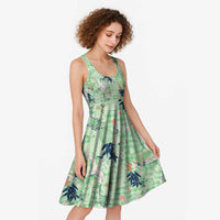Green Palaka Crane and Flowers Midi Dress Japan Heritage Spirit LT9 - Polynesian Pride