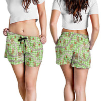 Green Palaka Hawaii Mele Kalikimaka Shorts for Women Ohia Lehua Shell Leis Funny Gingerbread Santa LT14 - Polynesian Pride