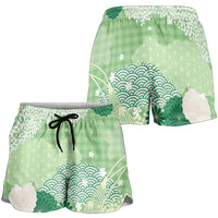 Green Palaka Japanese Traditional Shorts for Women Asanoha Seigaiha Sakura Motif LT14 - Polynesian Pride