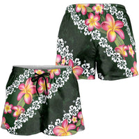 Green Polynesia Shorts for Women Plumeria With Hibiscus Pattern Tropical Vibes - Polynesian Pride