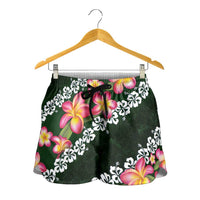 Green Polynesia Shorts for Women Plumeria With Hibiscus Pattern Tropical Vibes - Polynesian Pride