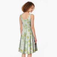 Hawaii Anthurium Tiare Pikake Lei Midi Dress Sage Green Lauhala Art Pattern