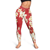 Hawaii Hibiscus Plumeria Red Leggings Polynesian Pattern