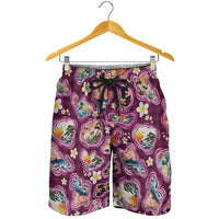 Hawaii Islands Map Design with Japanese Landscape Shorts for Men Hawaiian Japan Fusion Art Pink Color LT03 - Polynesian Pride