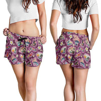 Hawaii Islands Map Design with Japanese Landscape Shorts for Women Hawaiian Japan Fusion Art Pink Color LT03 - Polynesian Pride
