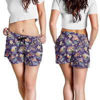 Hawaii Islands Map Design with Japanese Landscape Shorts for Women Hawaiian Japan Fusion Art Purple Color LT03 - Polynesian Pride