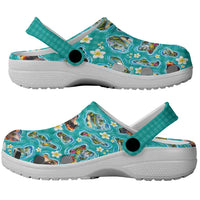 Hawaii Map with Plumeria Flower and Palaka Pattern Clogs Shoes Tropical Island Teal Design