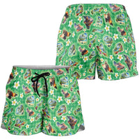 Hawaii Map with Plumeria Flower and Palaka Pattern Shorts for Women Tropical Island Green Design LT03 - Polynesian Pride