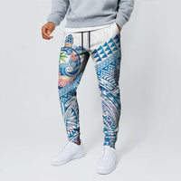 Hawaiian Abstract Sea Turtle Jogger Pants Polynesian Tapa Art and Kakau Tattoo White WaterColor LT03 - Polynesian Pride