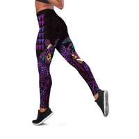 Hawaiian Abstract Sea Turtle Leggings Polynesian Tapa Art and Kakau Tattoo Purple WaterColor LT03 Black - Polynesian Pride
