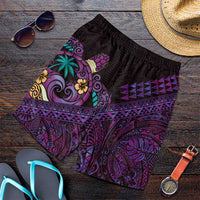 Hawaiian Abstract Sea Turtle Shorts for Men Polynesian Tapa Art and Kakau Tattoo Purple WaterColor LT03 Black - Polynesian Pride