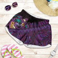 Hawaiian Abstract Sea Turtle Shorts for Women Polynesian Tapa Art and Kakau Tattoo Purple WaterColor LT03 Black - Polynesian Pride