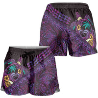 Hawaiian Abstract Sea Turtle Shorts for Women Polynesian Tapa Art and Kakau Tattoo Purple WaterColor LT03 - Polynesian Pride