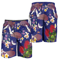 Hawaiian and Japanese Culture Together Shorts for Men Blue Ohia Lehua Plumeria and Sakura Blooming LT03 - Polynesian Pride