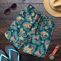 Hawaiian and Japanese Culture Together Shorts for Men Hawaiian Island Shapes with Japanese Landscape Teal Color LT03 Teal - Polynesian Pride