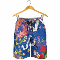 Hawaiian and Japanese Culture Together Shorts for Men Kakau Tribal Pattern and Irezumi Art Blue Color LT03 - Polynesian Pride