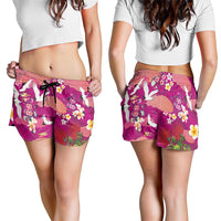 Hawaiian and Japanese Culture Together Shorts for Women Pink Ohia Lehua Plumeria and Sakura Blooming LT03 - Polynesian Pride