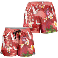 Hawaiian and Japanese Culture Together Shorts for Women Red Ohia Lehua Plumeria and Sakura Blooming LT03 - Polynesian Pride