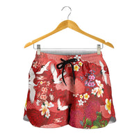 Hawaiian and Japanese Culture Together Shorts for Women Red Ohia Lehua Plumeria and Sakura Blooming LT03 - Polynesian Pride