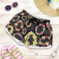 Hawaiian Kakau Tattoo Leis and Palaka Pattern Shorts for Women Traditional Aloha Tribal Black Color LT03 Black - Polynesian Pride