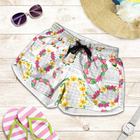Hawaiian Kakau Tattoo Leis and Palaka Pattern Shorts for Women Traditional Aloha Tribal White Color LT03 White - Polynesian Pride