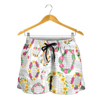 Hawaiian Kakau Tattoo Leis and Palaka Pattern Shorts for Women Traditional Aloha Tribal White Color LT03 - Polynesian Pride