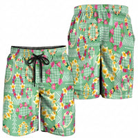 Hawaiian Leis Shorts for Men Kakau Tattoos and Palaka Pastel Green Color