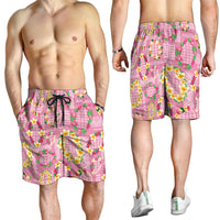 Hawaiian Leis Shorts for Men Kakau Tattoos and Palaka Pastel Pink Color
