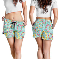 Hawaiian Leis Shorts for Women Kakau Tattoos and Palaka Pastel Teal Color LT03 - Polynesian Pride