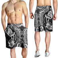 Hawaiian Manta Ray and Hammerhead Shark Tribal Tattoo Shorts for Men with Polynesian Tribal Pattern Black-White Color LT03 - Polynesian Pride