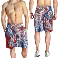 Hawaiian Manta Ray and Hammerhead Shark Tribal Tattoo Shorts for Men with Polynesian Tribal Pattern Hawaii Flag Color LT03 - Polynesian Pride