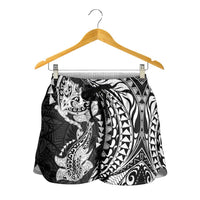 Hawaiian Manta Ray and Hammerhead Shark Tribal Tattoo Shorts for Women with Polynesian Tribal Pattern Black-White Color LT03 - Polynesian Pride