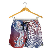 Hawaiian Manta Ray and Hammerhead Shark Tribal Tattoo Shorts for Women with Polynesian Tribal Pattern Hawaii Flag Color LT03 - Polynesian Pride