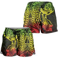 Hawaiian Manta Ray and Hammerhead Shark Tribal Tattoo Shorts for Women with Polynesian Tribal Pattern Reggae Style LT03 - Polynesian Pride