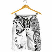 Hawaiian Manta Ray Tribal Shorts for Men Polynesian Art Motifs White Color