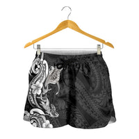 Hawaiian Manta Rays Shorts for Women Tribal Hibiscus Polynesian Tattoos Black Color LT03 - Polynesian Pride